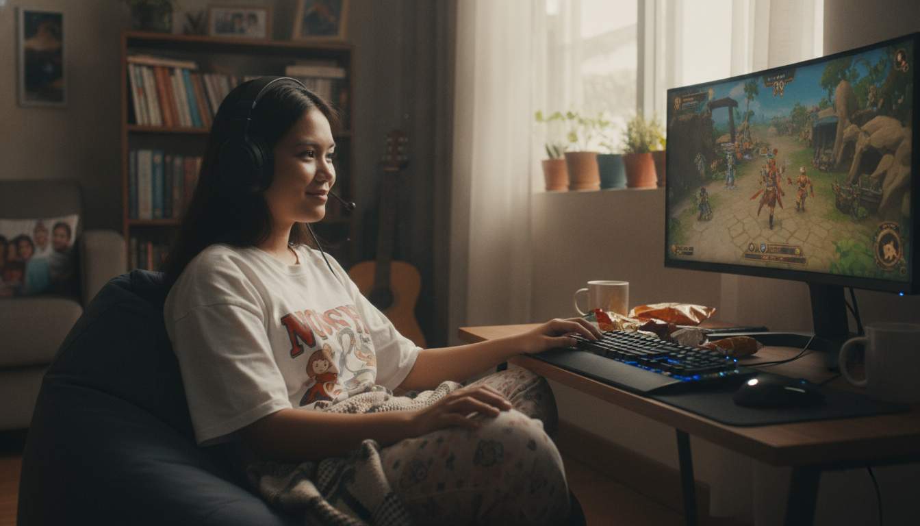 Enjoy the PH879 Casino Experience A woman enjoying an online casino game in a relaxed setting.
